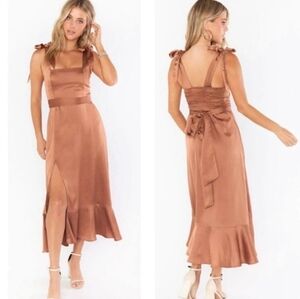 Show Me Your Mumu Claire Rose Gold Copper Luxe Satin Midi Dress